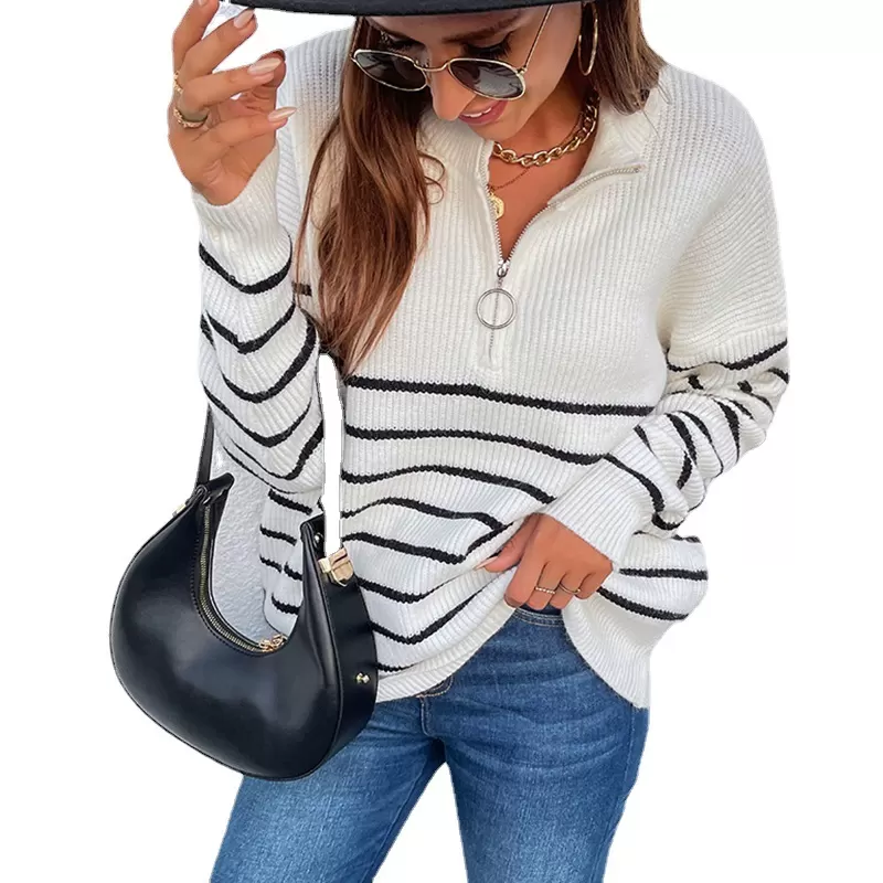 Knitted Top With Zipper Jumper Striped Color Matching Long-sleeved Loose Casual Women's Sweater