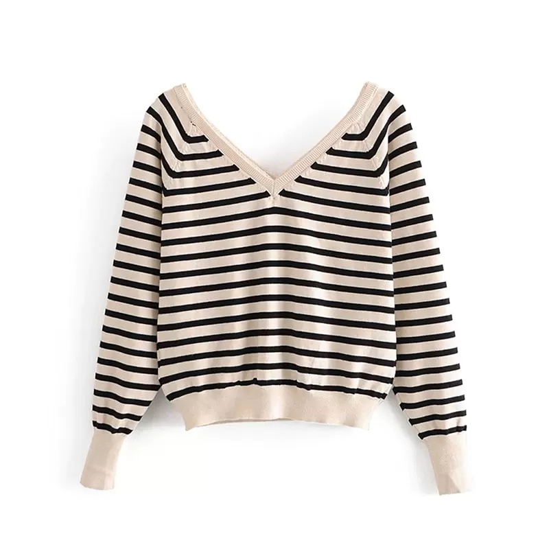 Bangladesh Manufacturer Knitted Sweater Striped Pullovers V Neck Patchwork Jumper Soft Tops Wholesale Supplier Factory